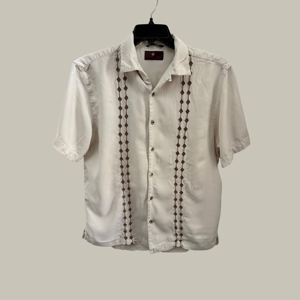 Toscano Patrick Assaraf Mens Cream Embroidered Diamond Short Medium Button Shirt